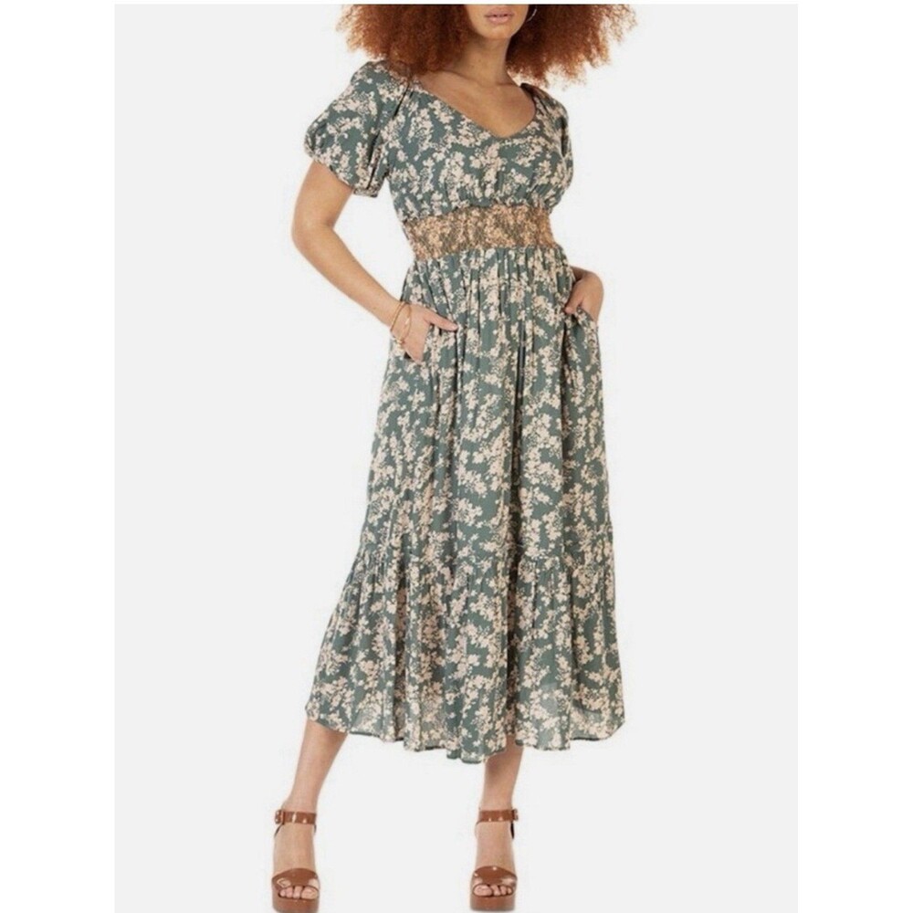 Black Tape Women’s 2x Green Floral Puff Sleeve Midi Smocked Dress Boho Prairie
